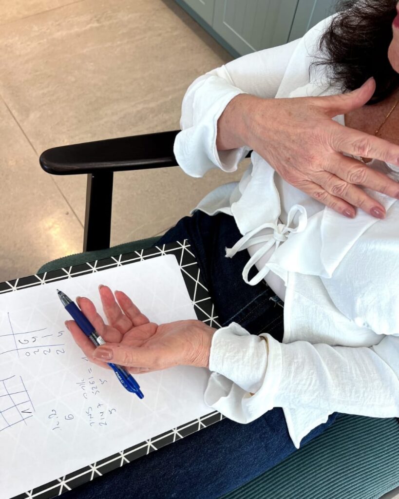 אתי דמרי מסבירה ומדגימה תהליך נומרולוגי במהלך הנחיה מעשית